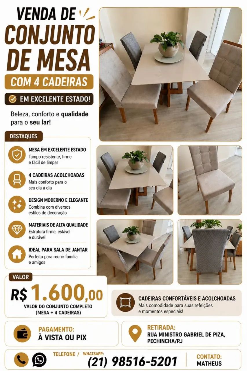 Conjunto de mesa com 4 cadeiras