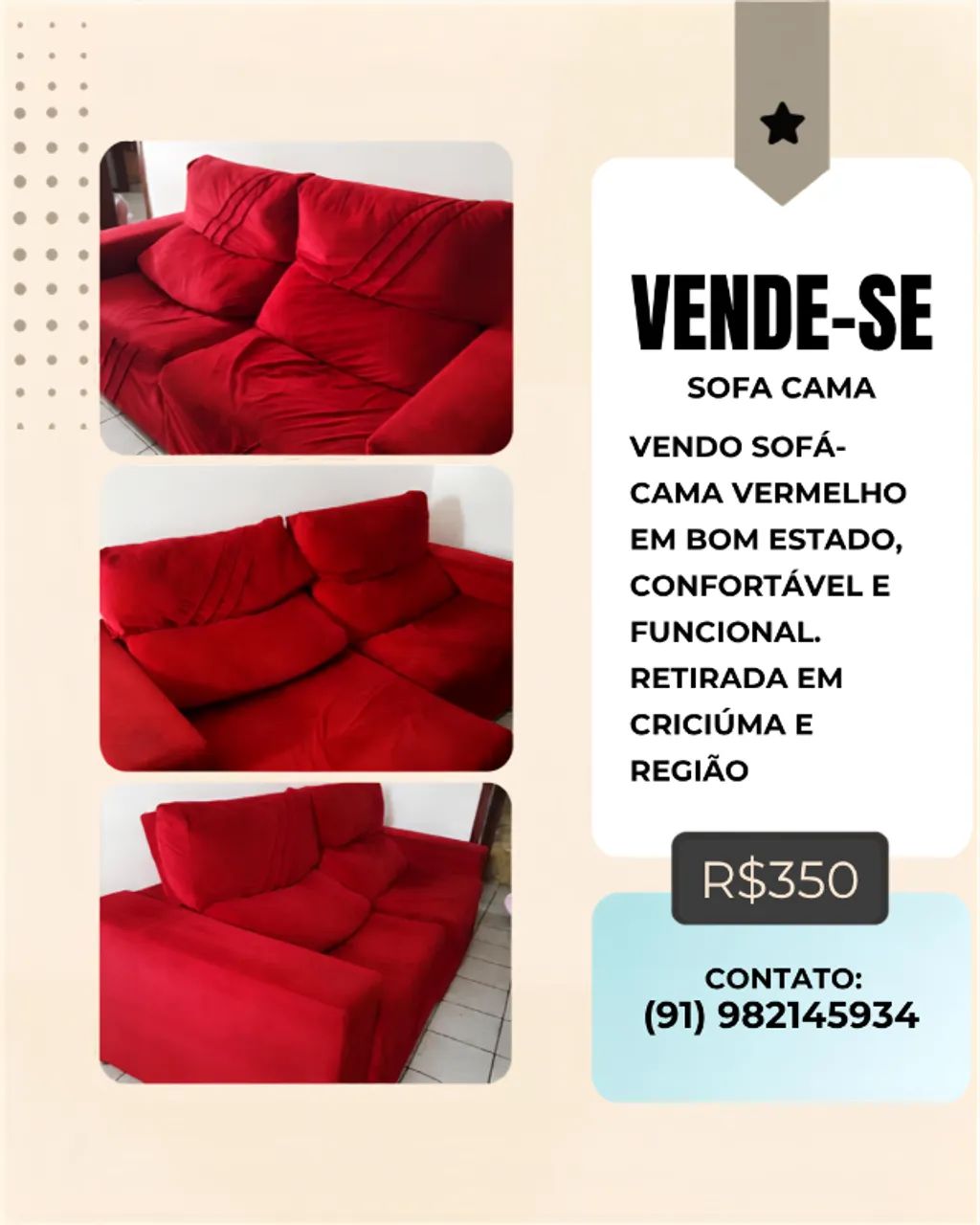 Sofá-Cama Vermelho em ótimo estado