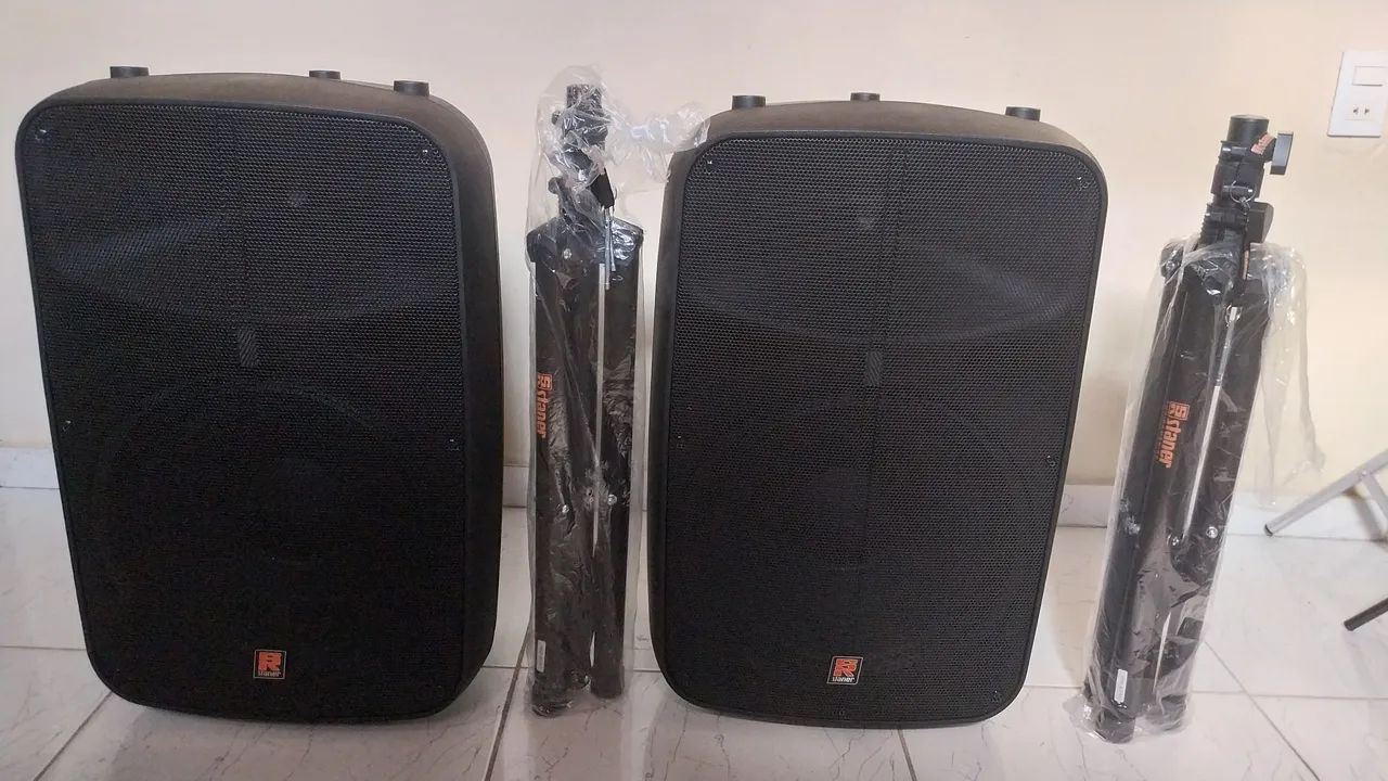 02 Caixas De Som Staner Sr315m Bluetooth Usb + 02 Tripés