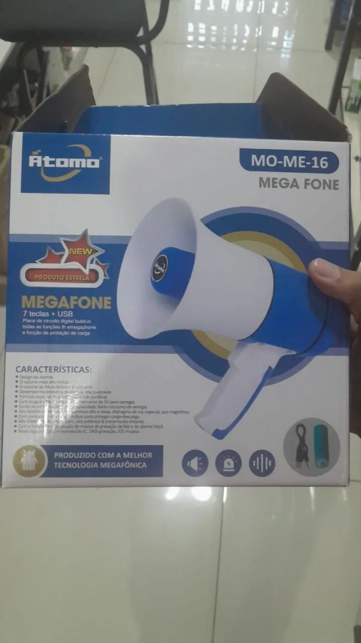 Megafone com usb e 7 teclas de 15w com distância de ate 500m