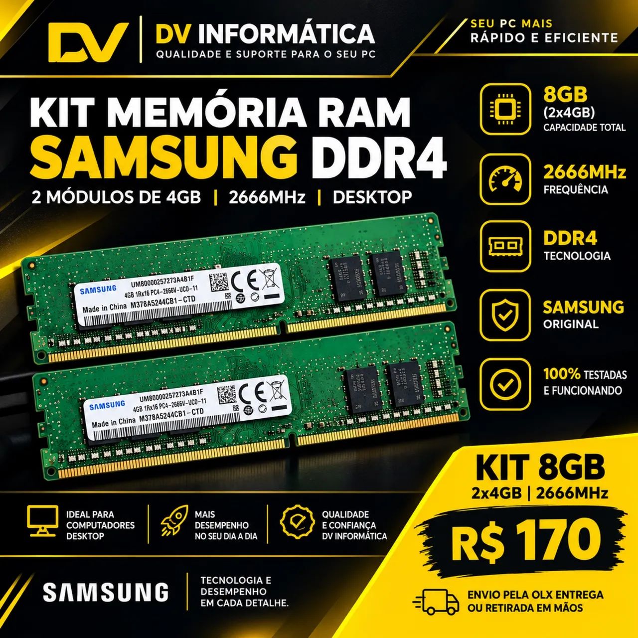 KIT Memória RAM Samsung DDR4 8GB (2x4GB) 2666MHz PC Desktop