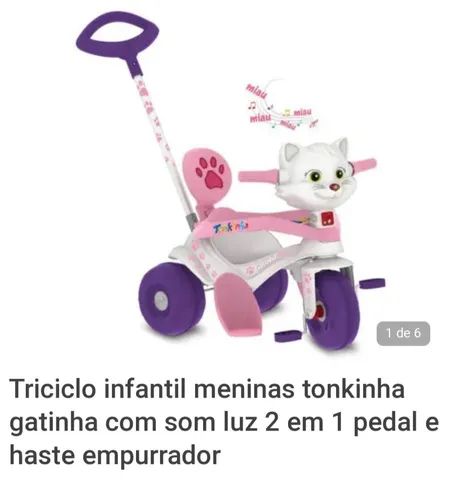 Triciclo Infantil Meninas Gatinha Som Luz 2 Em 1 Com Pedal