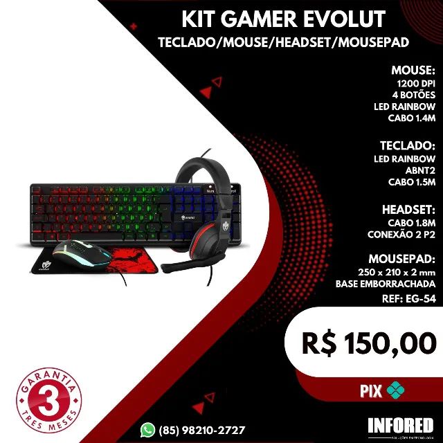 Kit Gamer LED RGB Teclado Mouse Headset Mousepad Evolut EG54