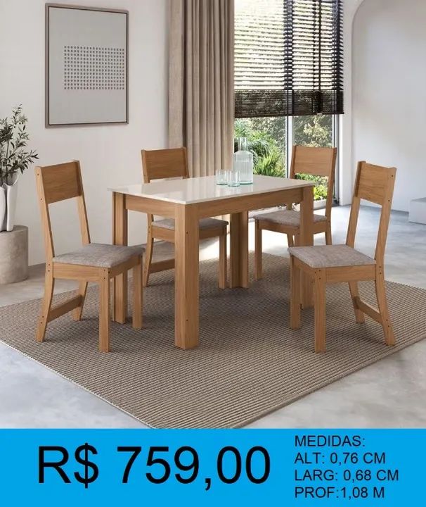 Mesa em madeira com 4 cadeiras reforçada- Entrega e montagem GRATIS 