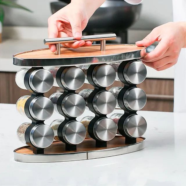 Porta Tempero Madeira E Inox Com 12 Potes Para Armazenamento - Foto 3