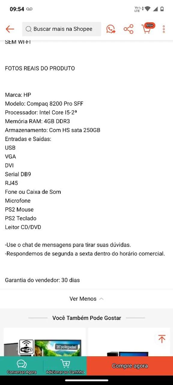 Computador HP Compaq 8200 Pro SFF Intel Core i5-2ª 4GB