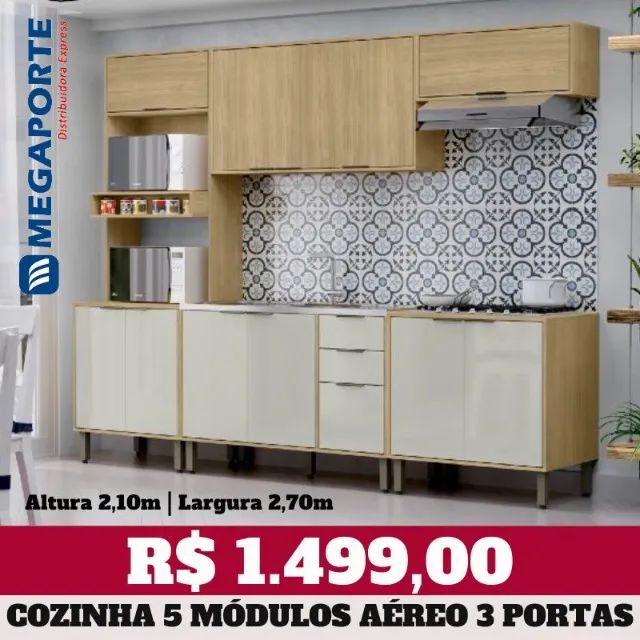 Armário de Cozinha Completo 5 Módulos Aéreo 3 Portas (Novo) Entrega Grátis! 