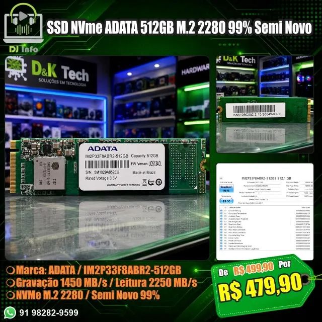 SSD NVme ADATA 512GB M.2 2280 99% Semi Novo