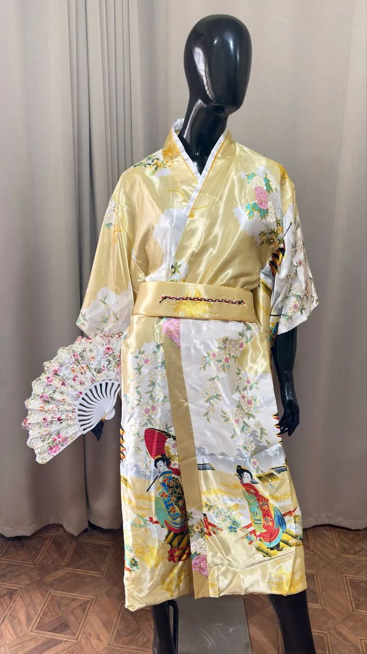 kimono longo amarelo estampado único - Foto 4