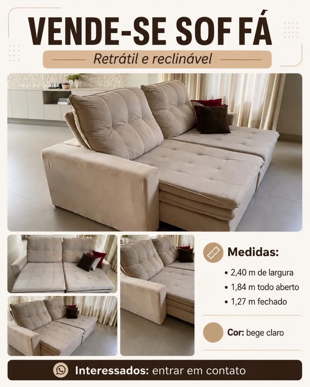 Sofá retrátil e reclinável medida 2.40m