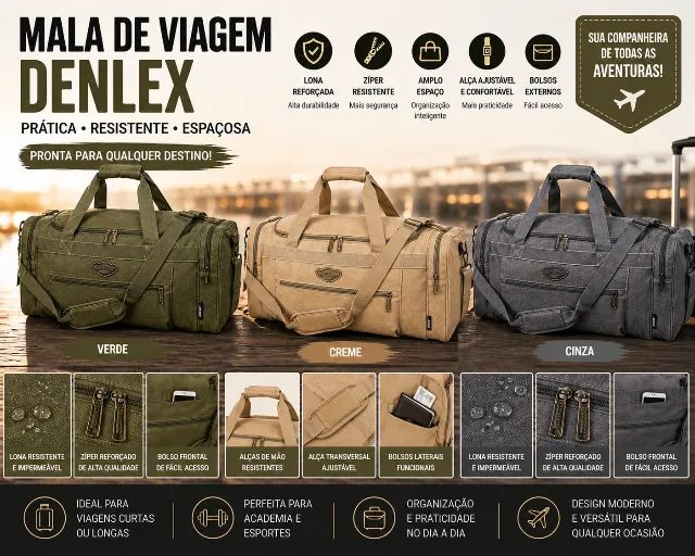 Mala de Viagem Denlex Creme Lona Reforçada com Zíper SA0137