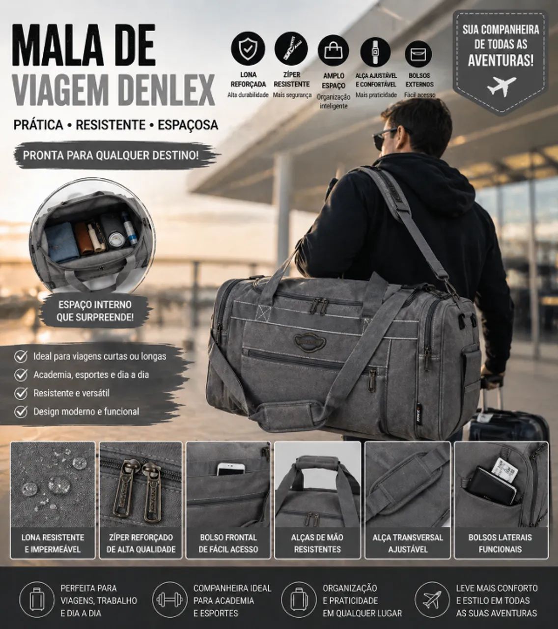 Mala de Viagem Denlex Creme Lona Reforçada com Zíper SA0137 - Foto 2