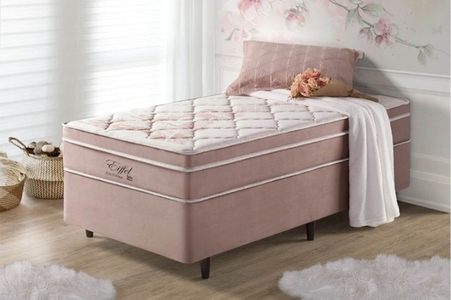 Base Rosa + Colchão Solteiro Eiffel Molas Superlastic Frete Grátis - Até 12x