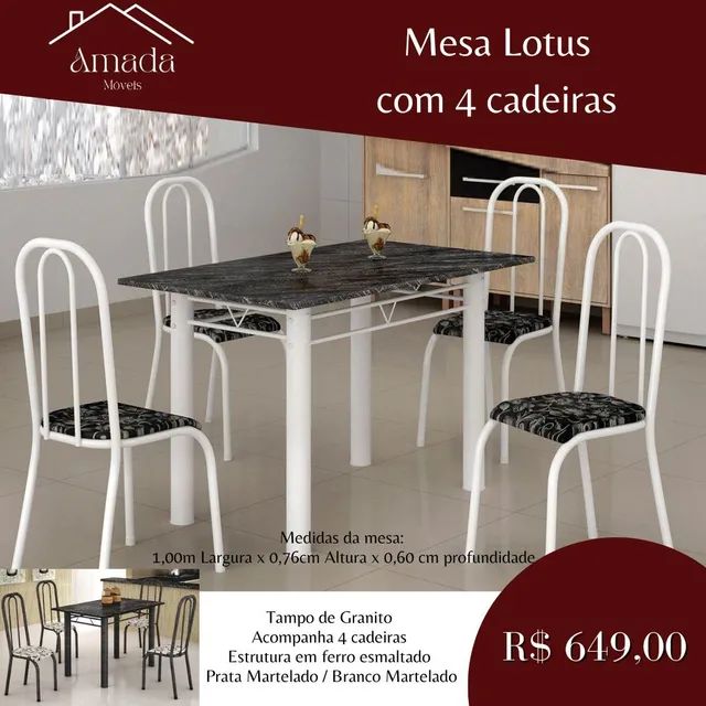 Conjunto de mesa lótus com 4 cadeiras , Entrega  em 3 dias 