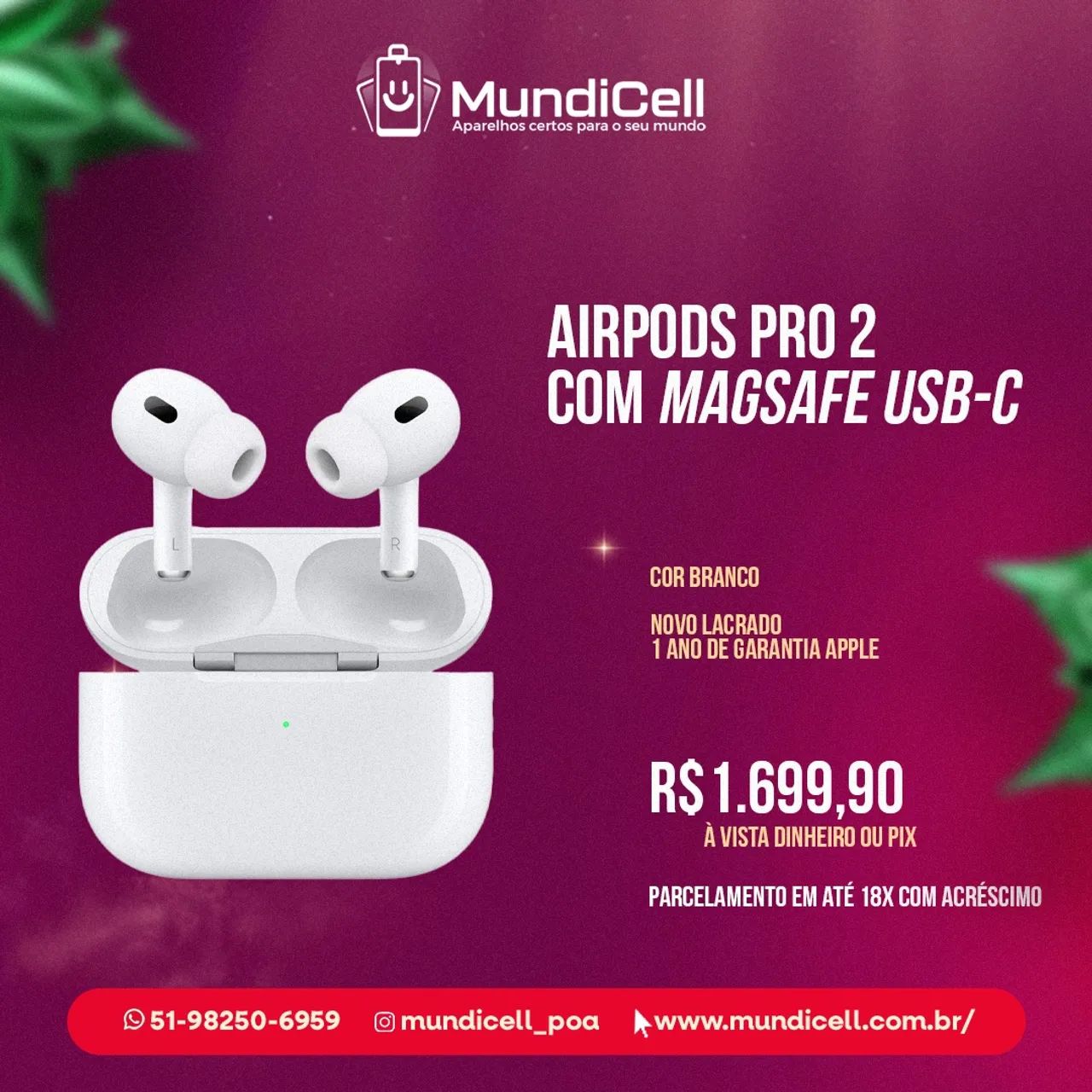 Mundicell_poa AirPods Pro 2 com MagSafe USB-C - Novo Lacrado