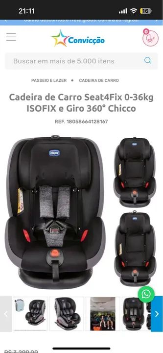 Cadeira de Carro Usada marca  Chicco Seat4Fix 0-36kg ISOFIX Giro 360°