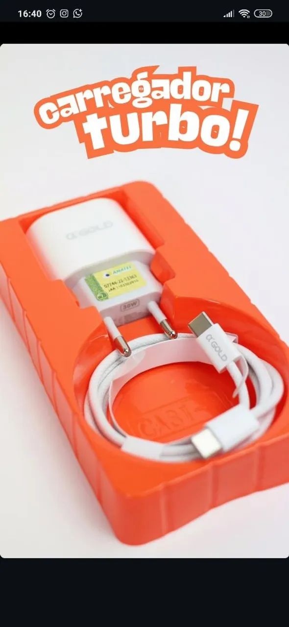 Carregador para iphone com cabo turbo 30w