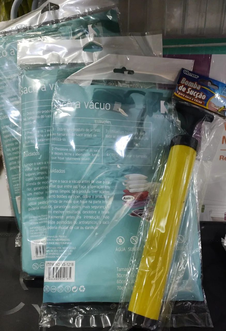 Kit bomba de sucção com 3un de saco vacuo roupa 