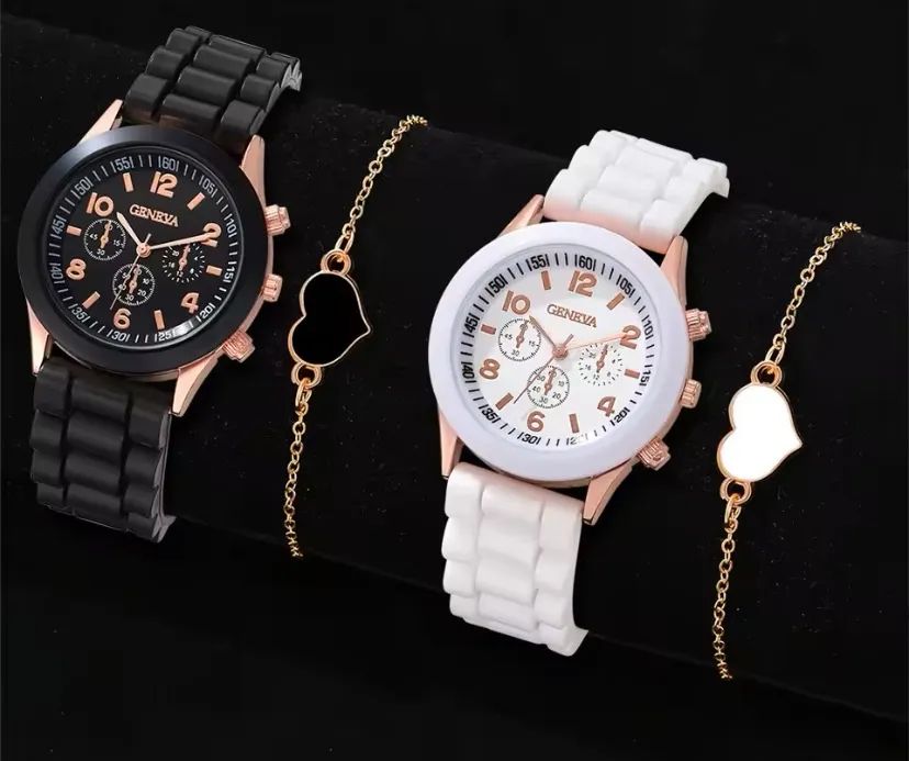 Relógios branco + preto com 2 pulseiras + caixinha