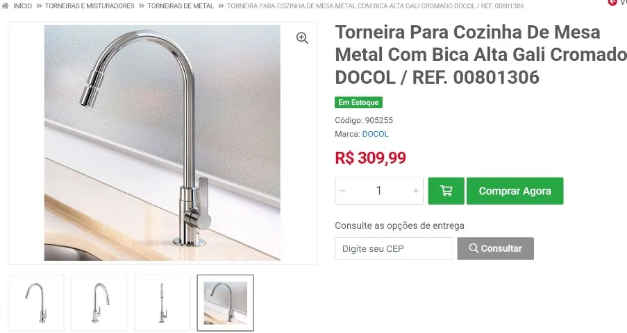 Vendo Torneira para Cozinha de Mesa Metal com Bica Alta Gali Cromado DOCOL.