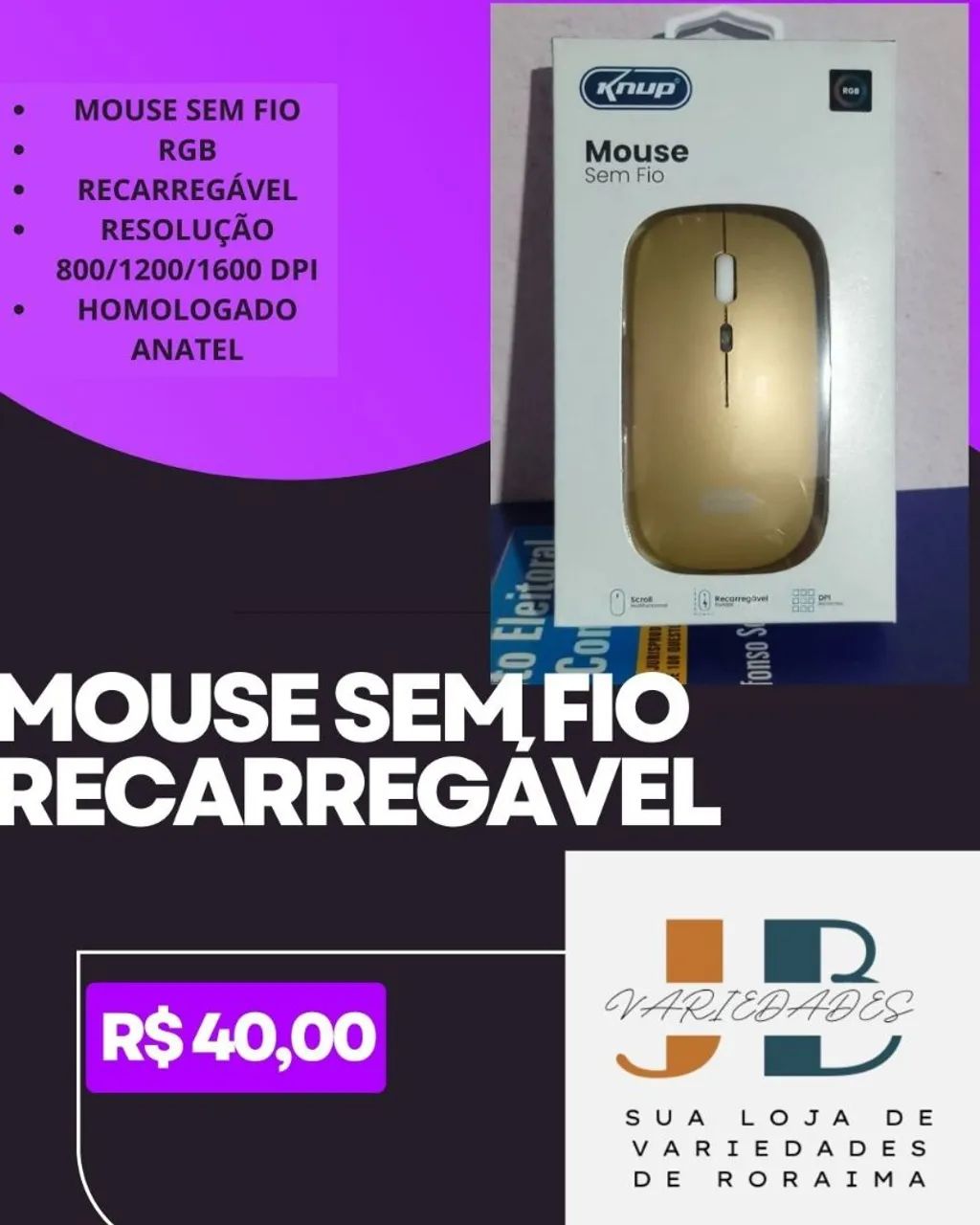 Mouse Sem Fio Recarregável RGB 800/1200/1600 DPI