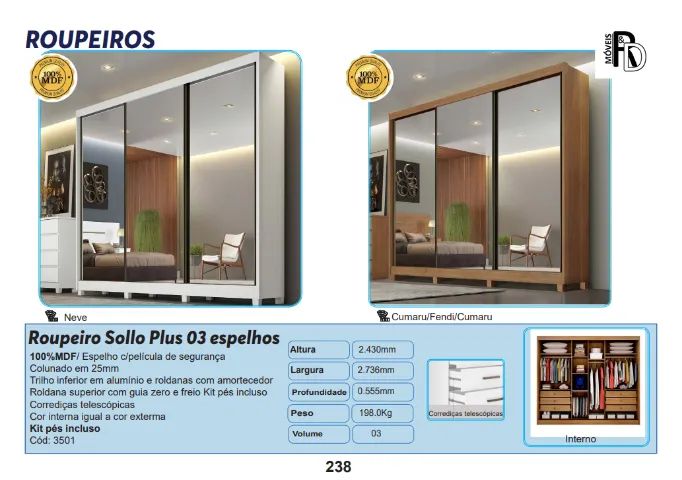 Roupeiro Guarda Roupa Sollo Plus 3 Espelhos 100% MDF