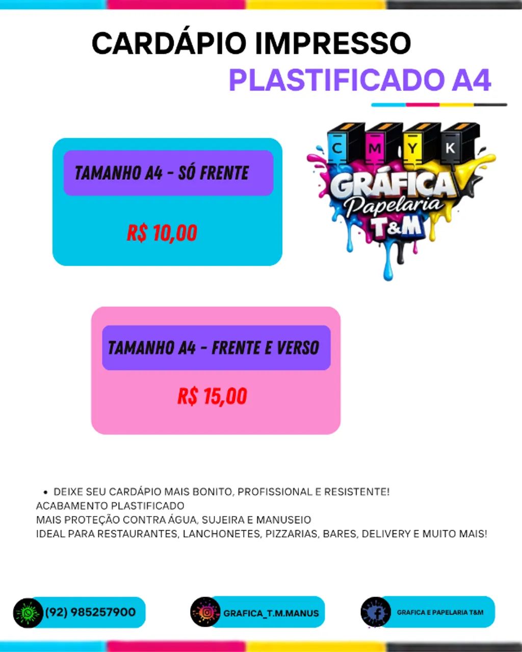 Cardápio impresso e plastificado