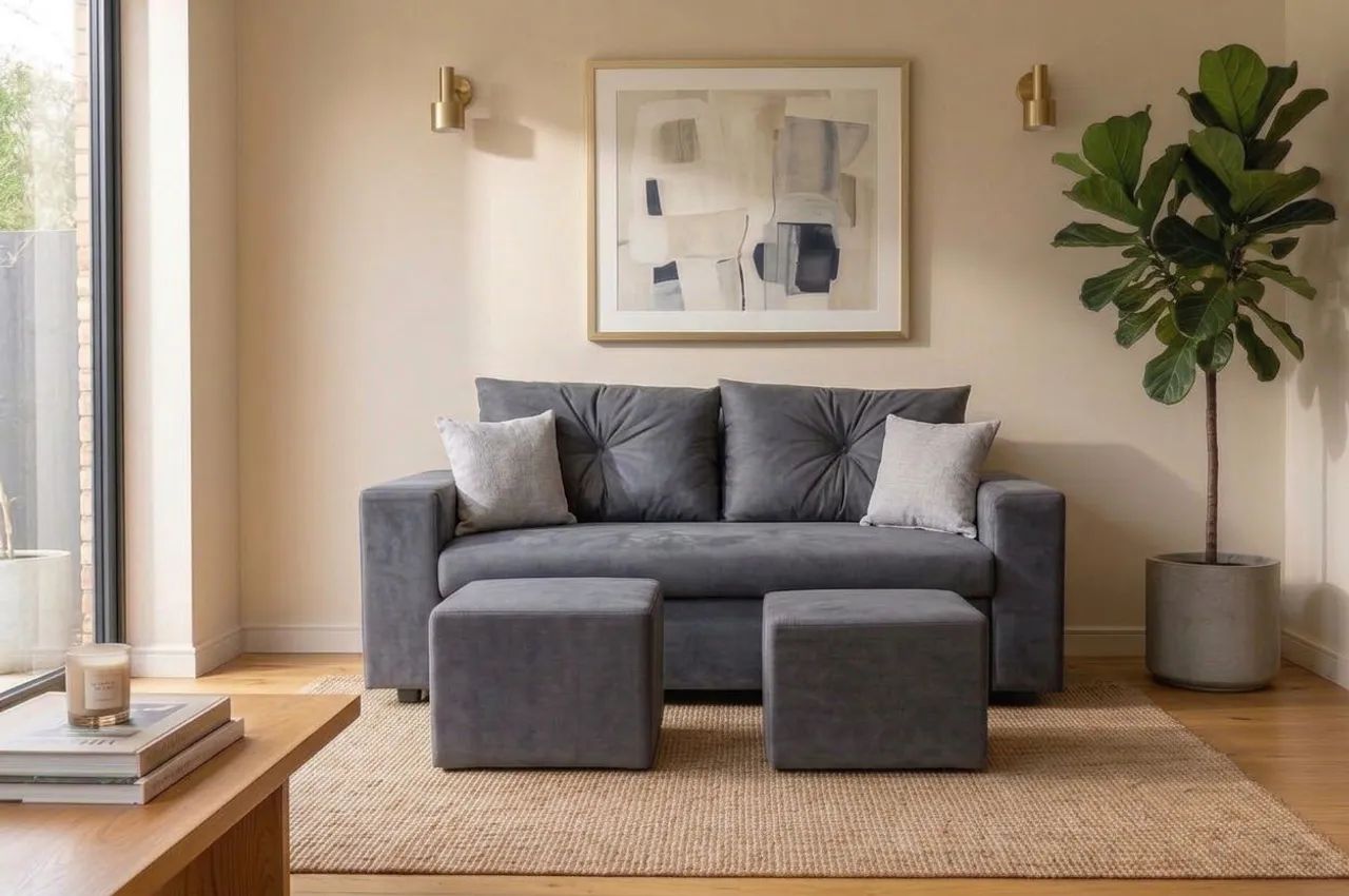 Sofá 3 lugares com centro, puff e almofadas decorativas grátis 