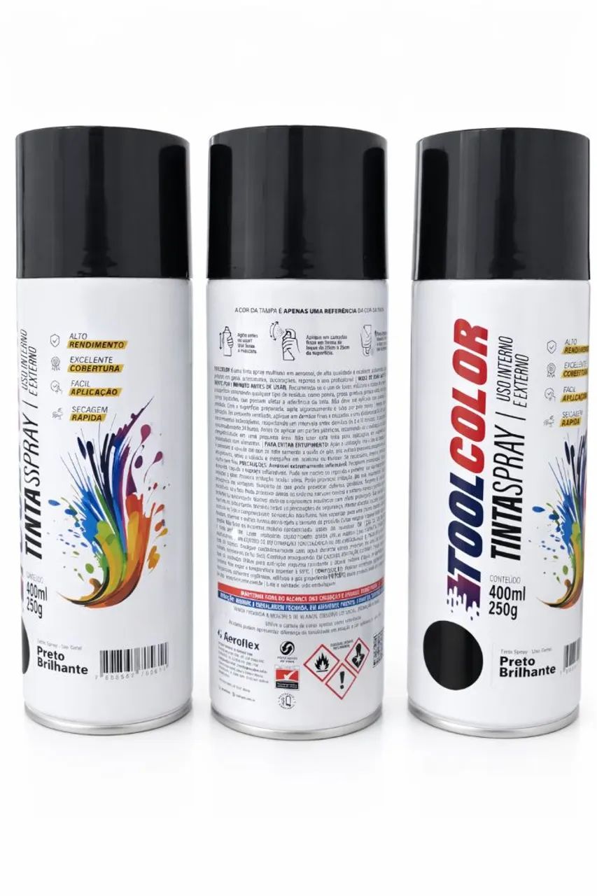 Kit 3 Tinta Spray Preto Brilhante 400 ml por unidade 