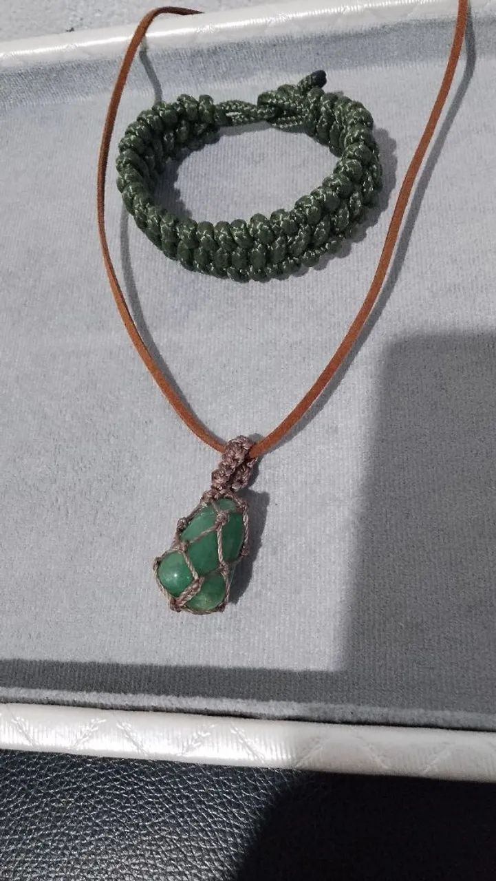 Conjunto Artesanal Boho Colar Quartzo Verde + Pulseira