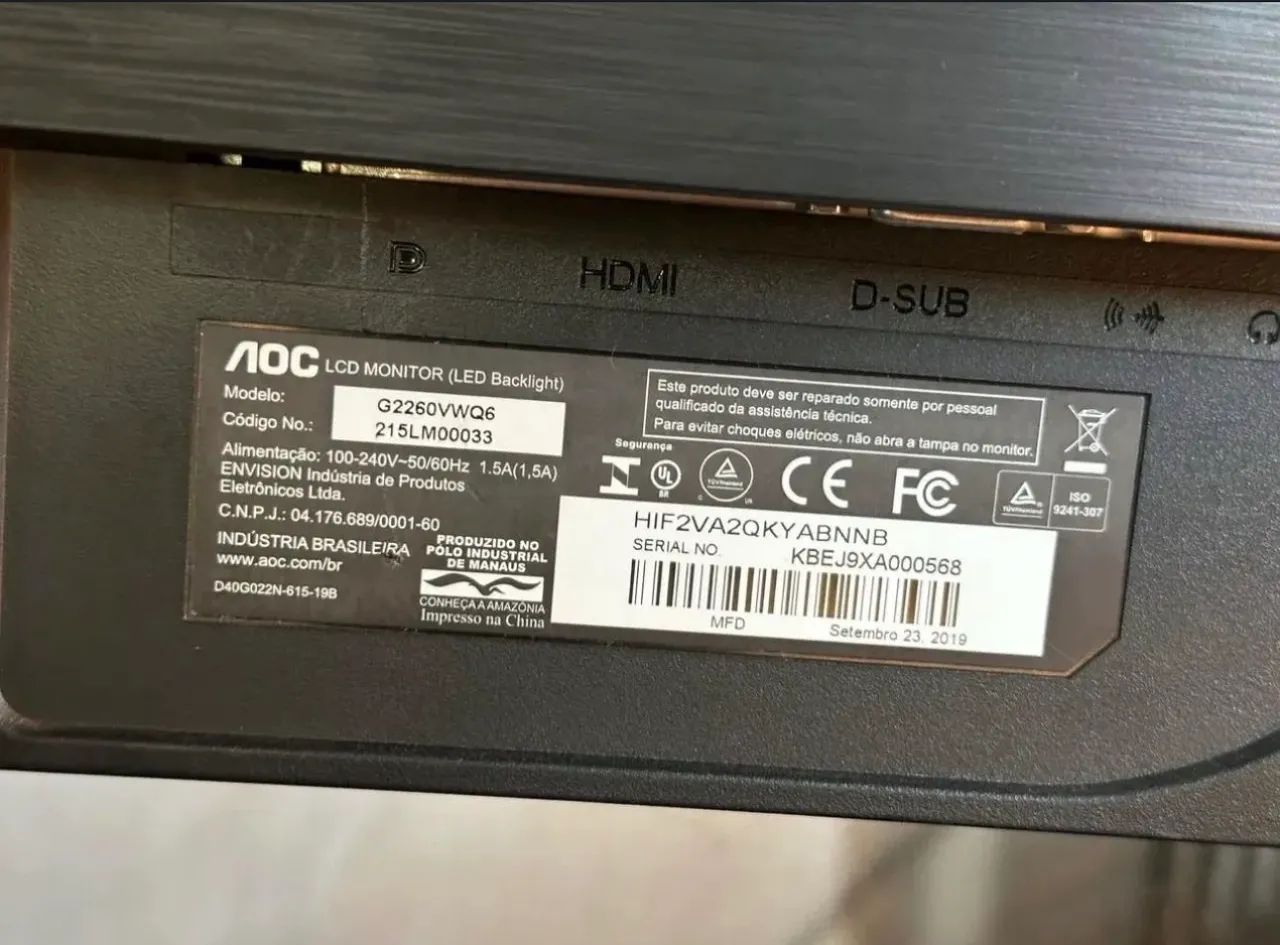 Monitor AOC G2260VWQ6, 75Hz, em ótimo estado e bem conservado. - Foto 5