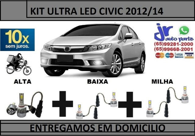 Kit Lampada Ultra LED (Alta/Baixa/Milha) Civic 2012/14 6000K 12V 24V