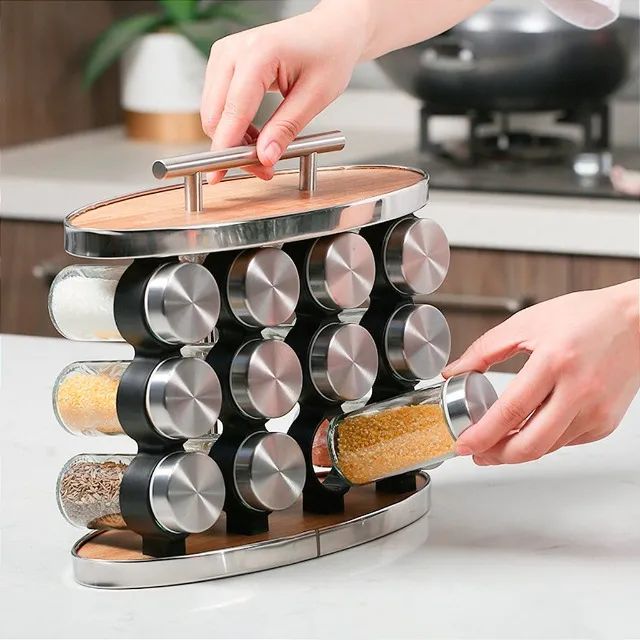 Porta Tempero Madeira E Inox Com 12 Potes Para Armazenamento - Foto 4