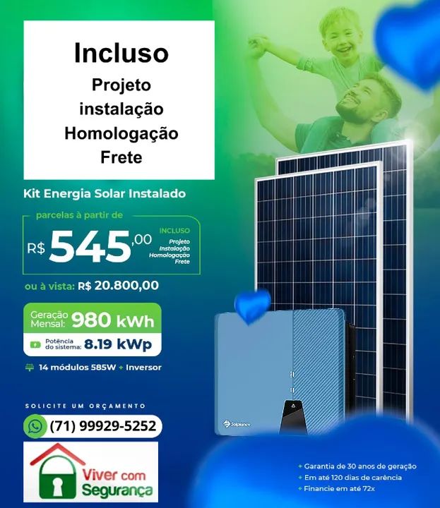Kit Energia Solar Instalado e Homologado , Geração Mensal 980 kWh , Potencia 8,19 kwp