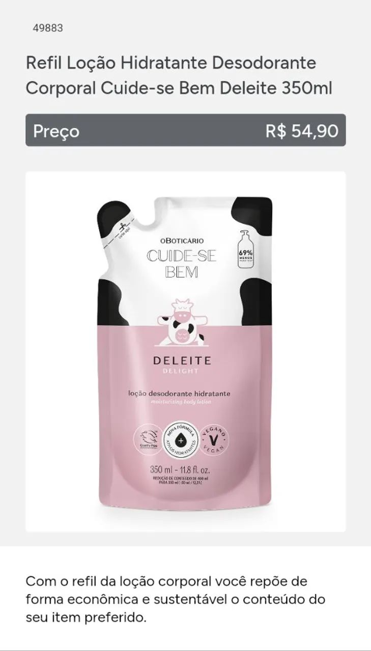 Refil Loção Hidratante Desodorante Corporal Cuide-se Bem Deleite 350ml