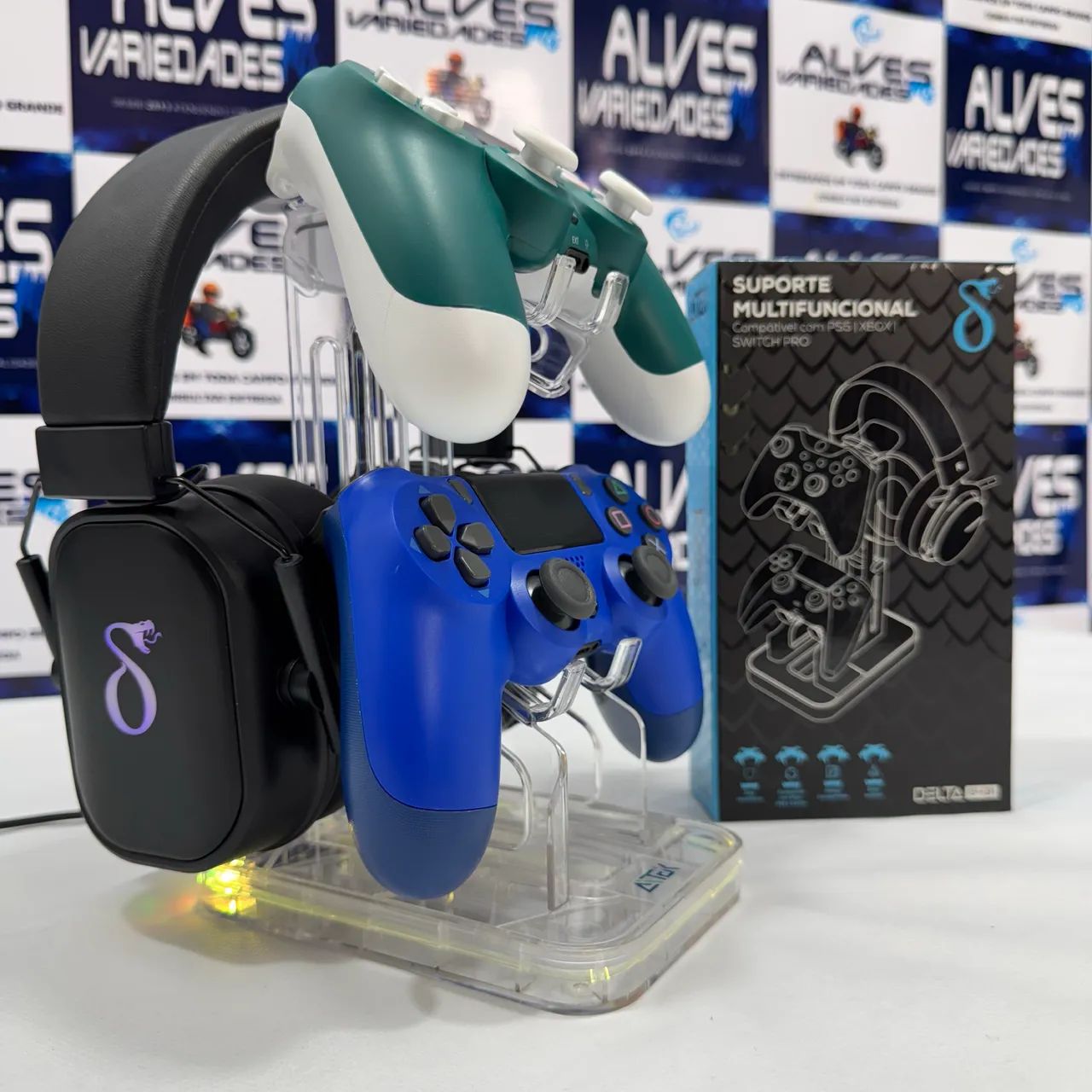 Suporte para 2 controles e 1 headset com Led rgb 