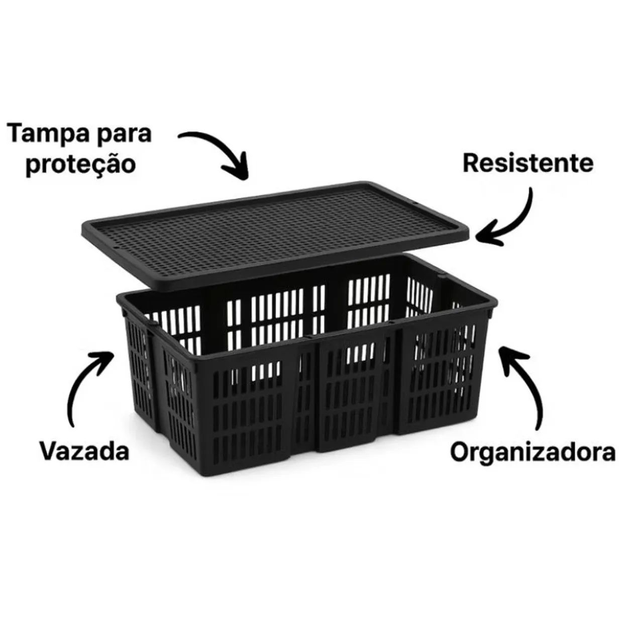 Caixas Plásticas Pretas Vazadas com Tampa - Empilháveis, Resistentes e Multiuso - Foto 3