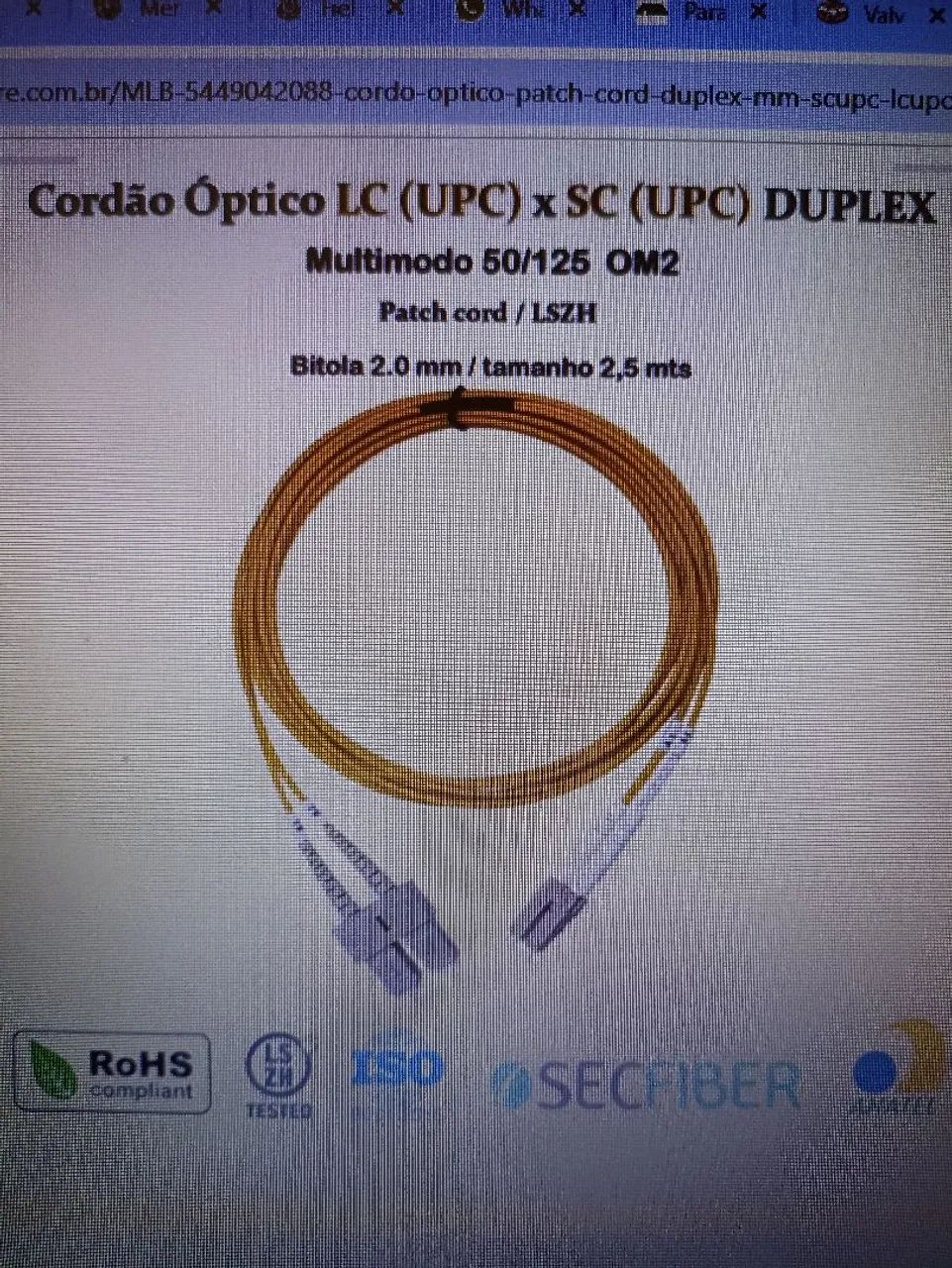 Cordão óptico patch cord duplex 50.0 LC-UPC/SC-UPC 2.5m LS2H