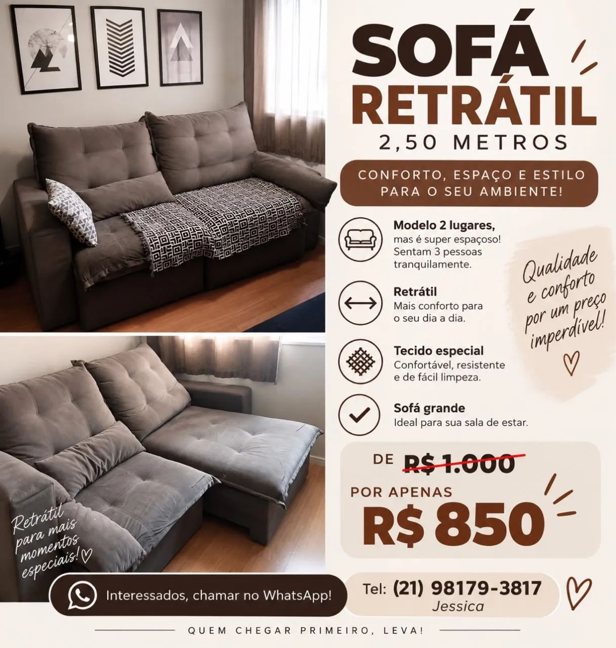 Sofá retrátil RioDecor em excelente estado 
