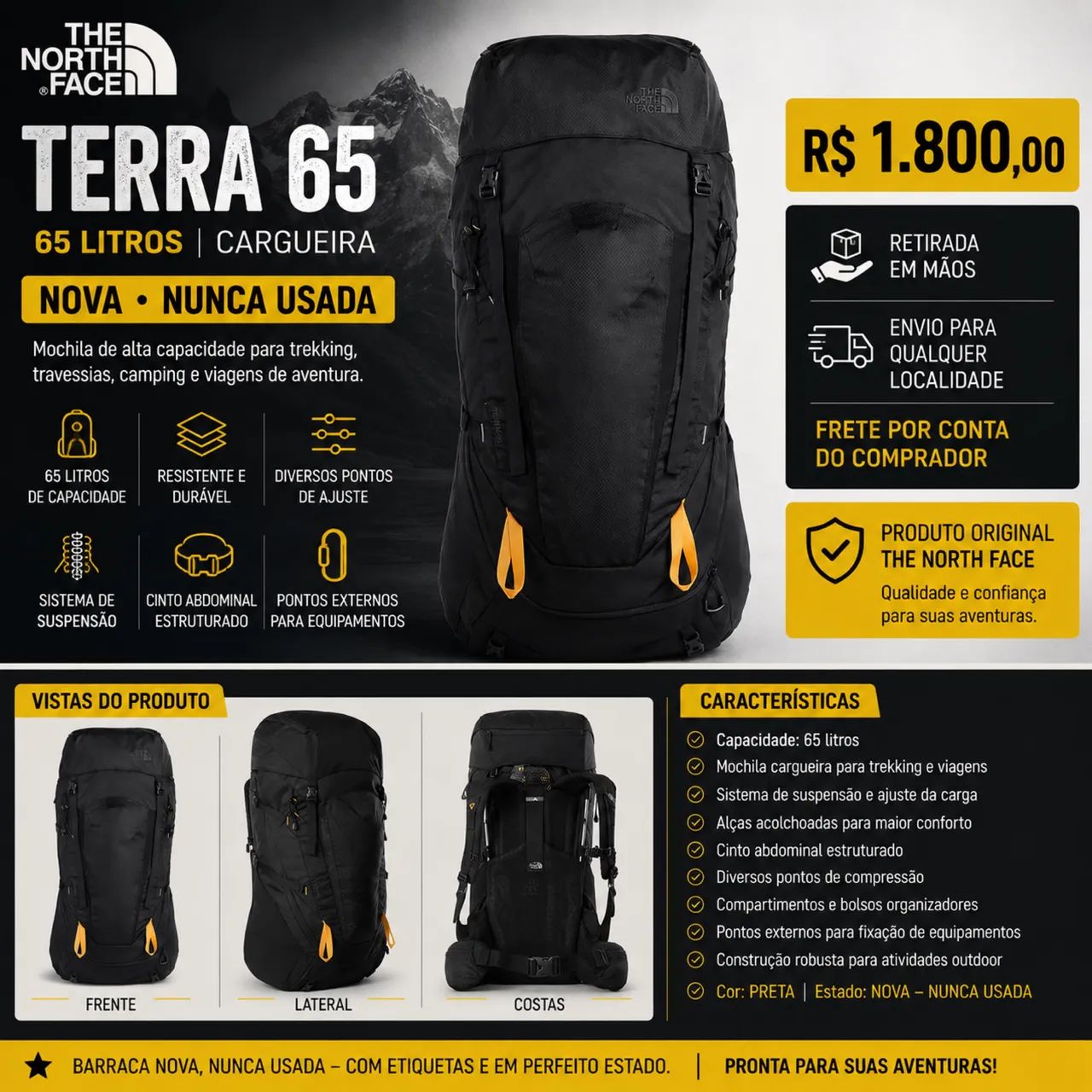 MOCHILA CARGUEIRA THE NORTH FACE TERRA 65 - NOVA, NUNCA USADA - Foto 2