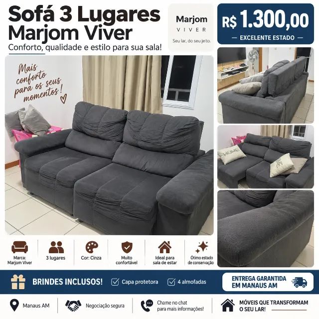 SOFÁ 3 LUGARES MARJOM CINZA RETRÁTIL E RECLINÁVEL (Brinde CAPA E ALMOFADAS)  R$ 1.300