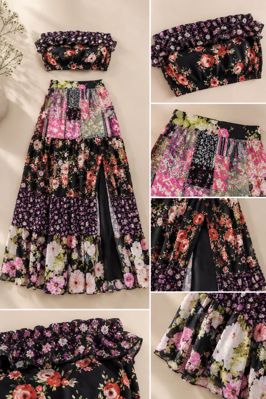 Conjunto Feminino Floral Saia Longa + Cropped Tomara que Caia | PP - Foto 2