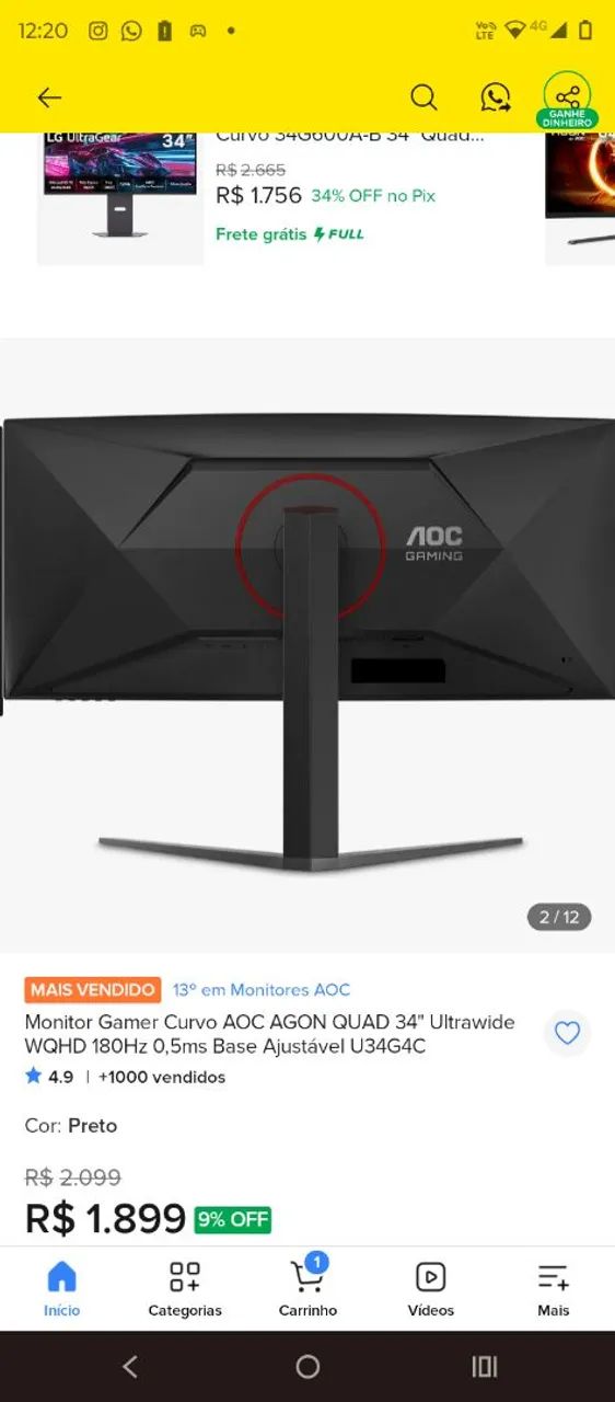 Monitor  curvo AOC gamer 34 polegadas novo na caixa com nota fiscal - Foto 3
