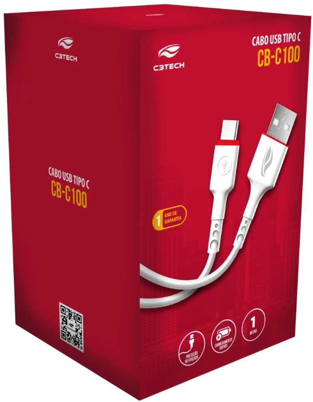 Cabo Cel C3Tech USB-C 1M 3A CB-C100WH - WZetta - Foto 3
