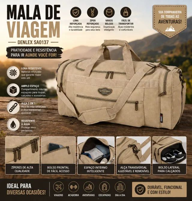 Mala de Viagem Denlex Creme Lona Reforçada com Zíper SA0137 - Foto 3