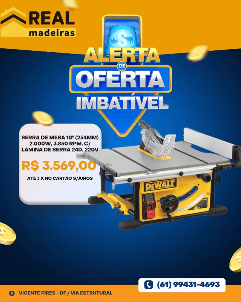 SERRA DE MESA 10" (254MM) 2.000W, 3.850 RPM, C/ LÂMINA DE SERRA 24D, 220V  DWE7492-B2