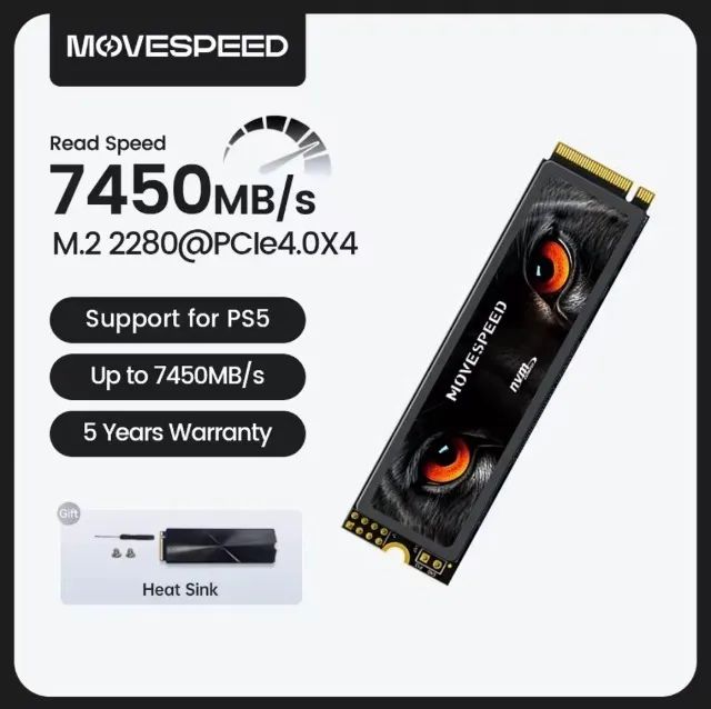 SSD Movespeed 7450 mb/s 1tb m.2  2280 pcie 4.0x4 - Compatível com PS5