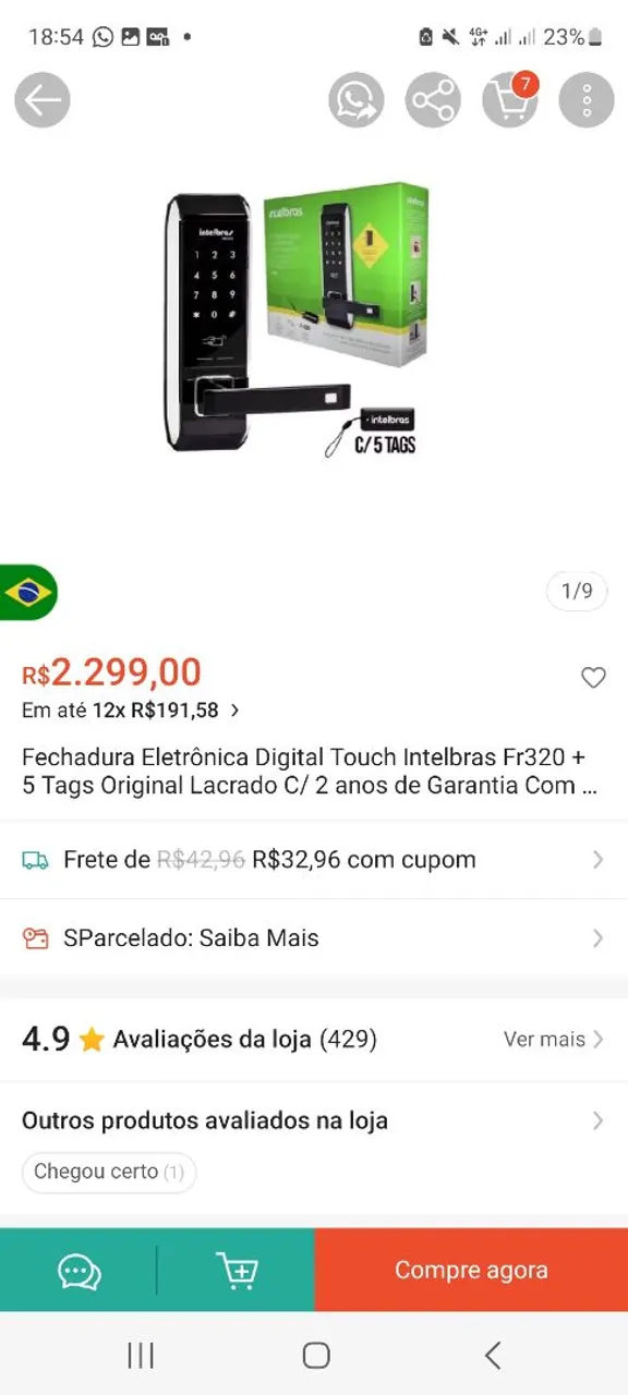 Fechadura Eletrônica Digital Touch Intelbras Fr320 + 5 Tags