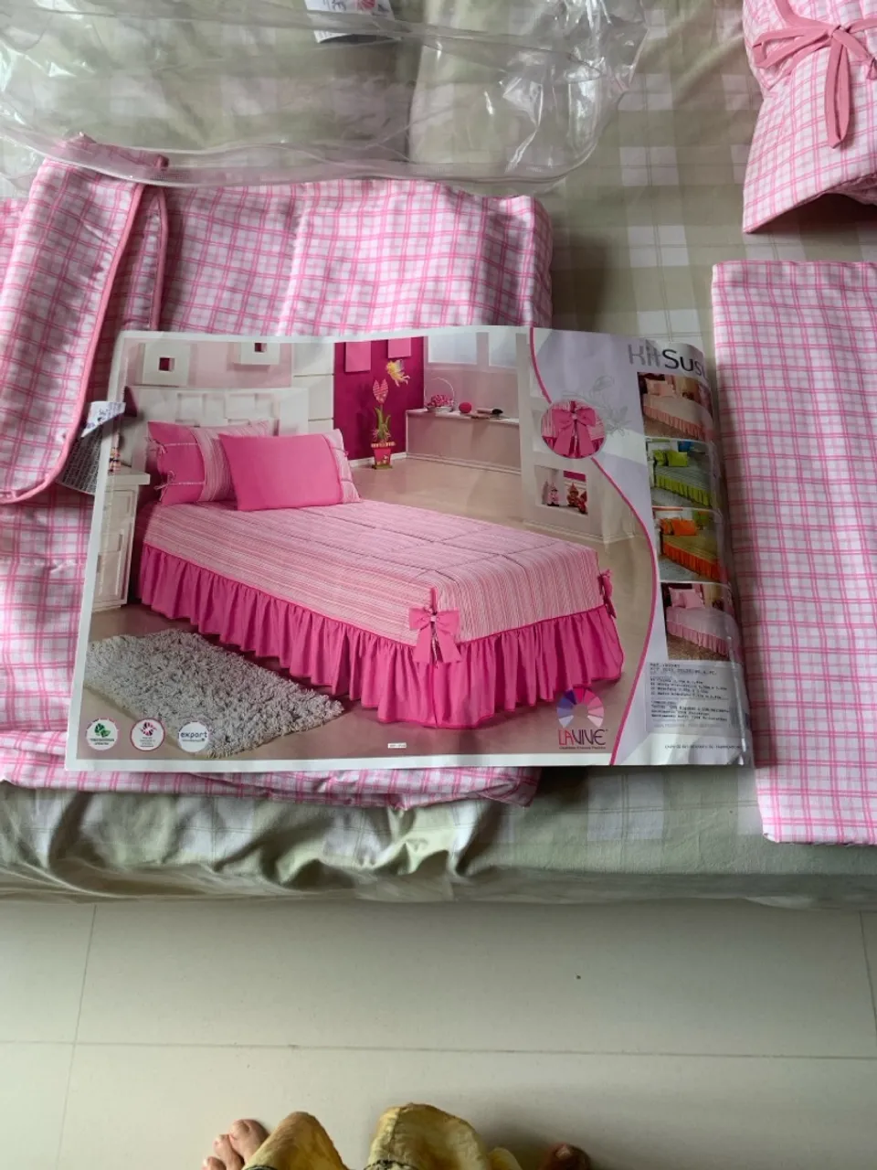 Kit Cama Solteiro Rosa Xadrez com Babado - Lavive