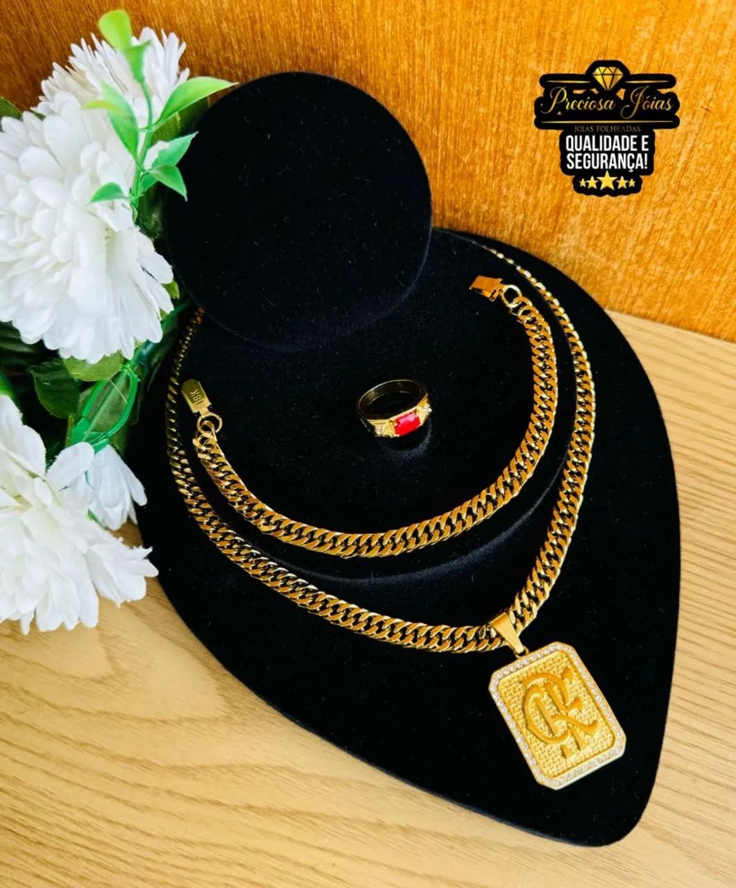 Conjunto de Corrente e Pingente Masculino Banhado a Ouro 18k